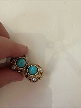 Gold-Tone Turquoise & Pearl Statement Clip-On Earrings
